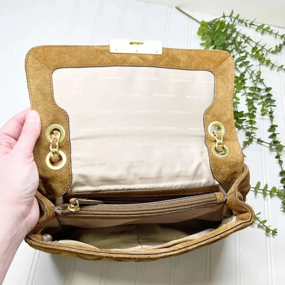 Michael Kors Tan Camel Suede Large Sloan Quilted Leather Shoulder Bag Chain